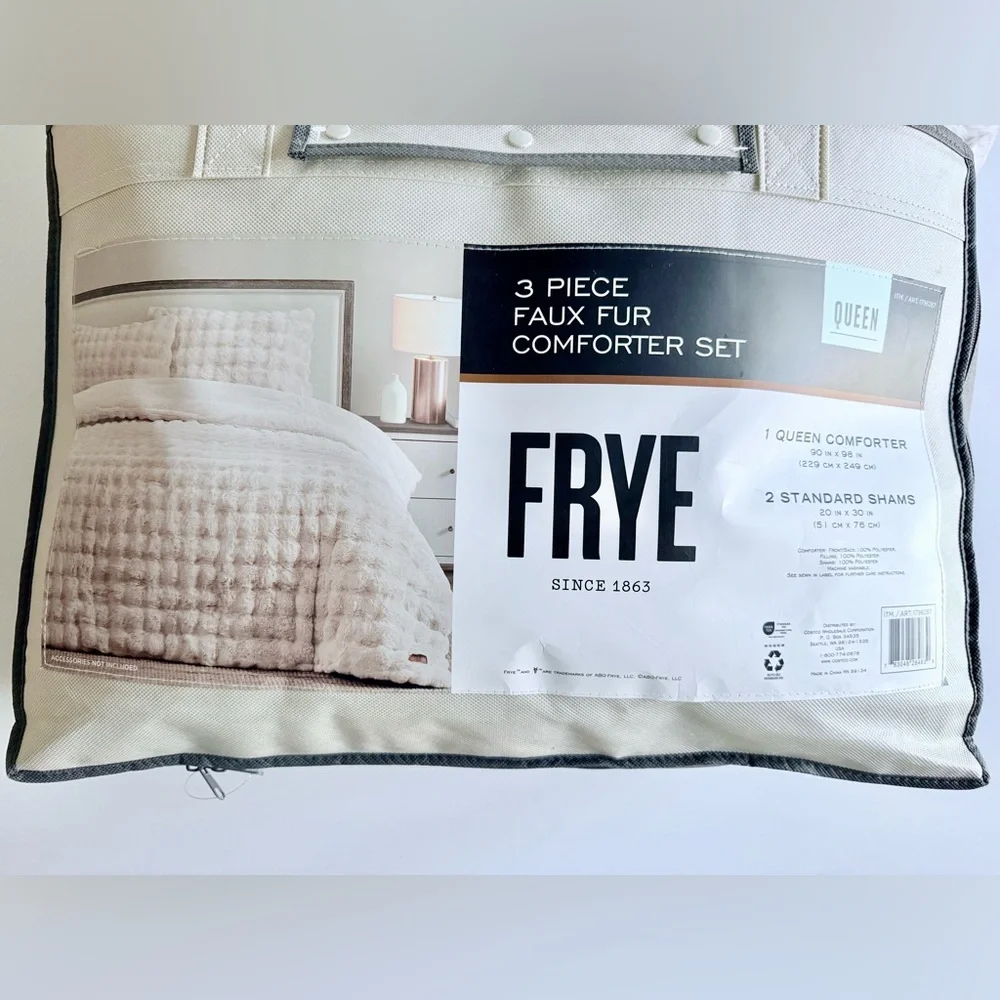 FRYE 3 Piece Luxurious Faux Fur Comforter Set Queen Ivory Plush 2 Shams NEW